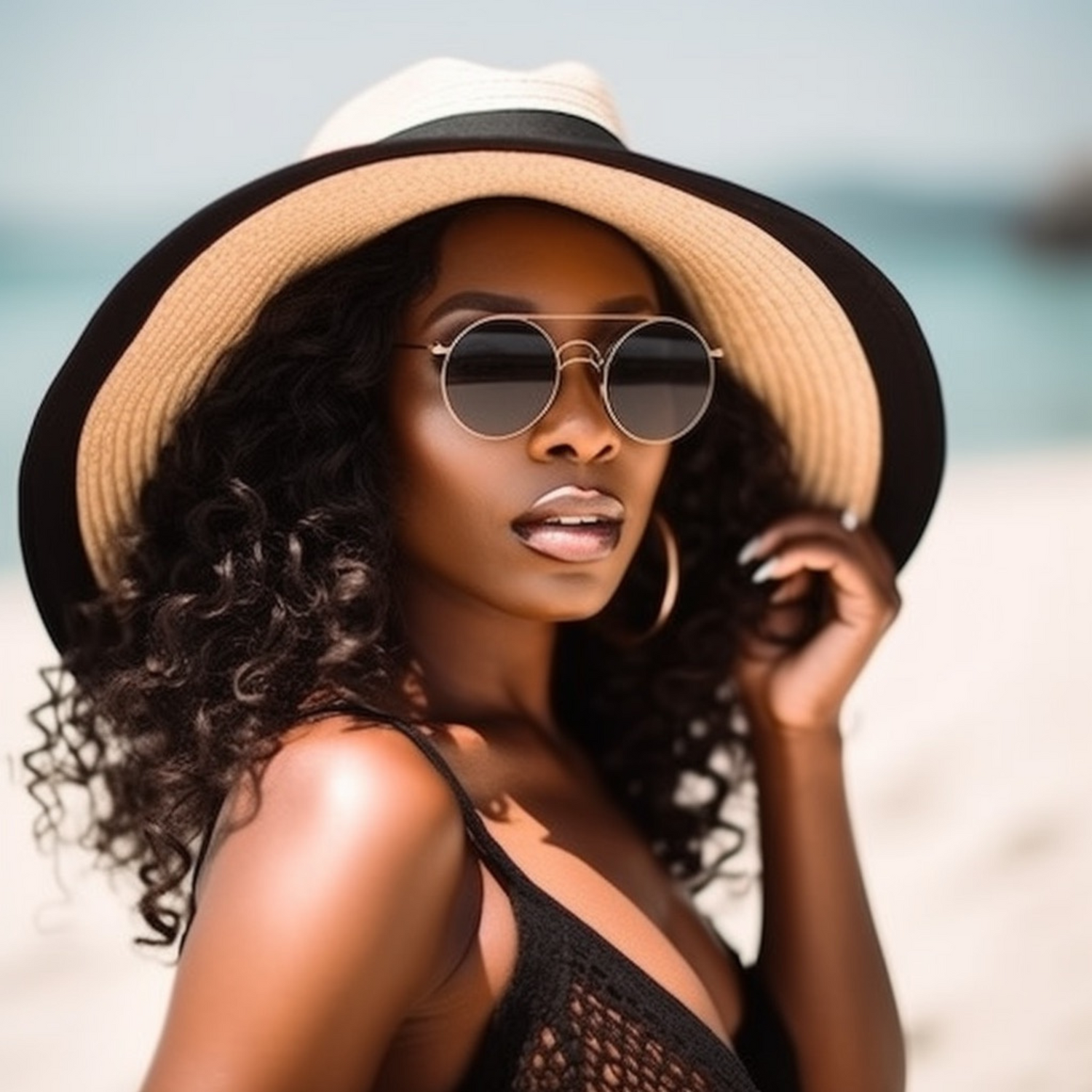 Beautiful black woman in sun hat and sunglasses